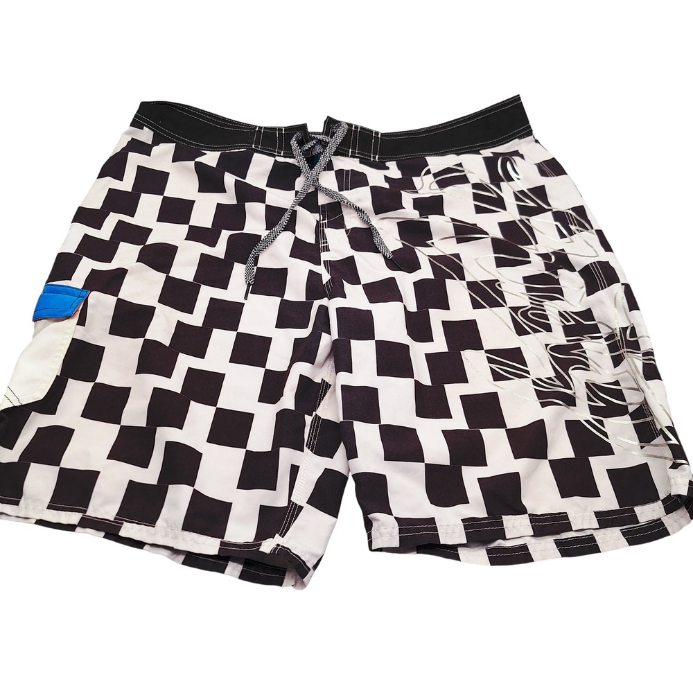 Rusty Mens Checkered Board Shorts Black White Silver Graphic Size 36